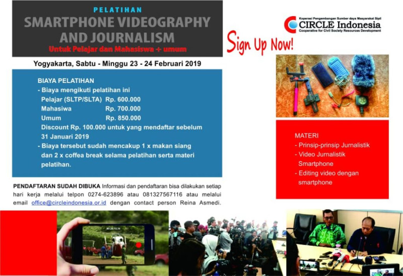 Pelatihan Dasar-dasar Video Jurnalistik Smartphone. Yogyakarta,  Sabtu – Minggu 23 – 24 Februari 2019