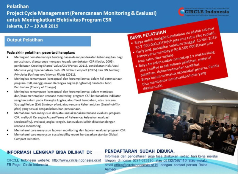 Pelatihan Project Cycle Management (Perencanaan Monitoring & Evaluasi) untuk Meningkatkan Efektivitas Program CSR.  Jakarta, 17-19 Juli 2019